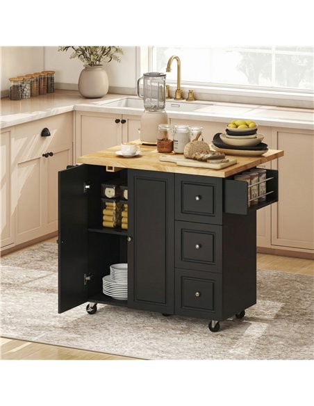 HOMCOM Kitchen Island on Wheels, Rolling Kitchen Storage Trolley with Drop Leaf, Drawers, Towel and Spice Rack, Black - pic 183651 | FastDaddyshop