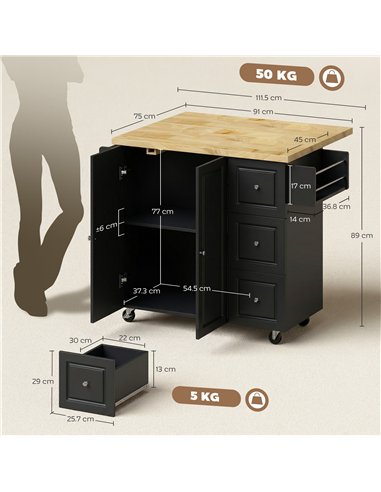 HOMCOM Kitchen Island on Wheels, Rolling Kitchen Storage Trolley with Drop Leaf, Drawers, Towel and Spice Rack, Black
