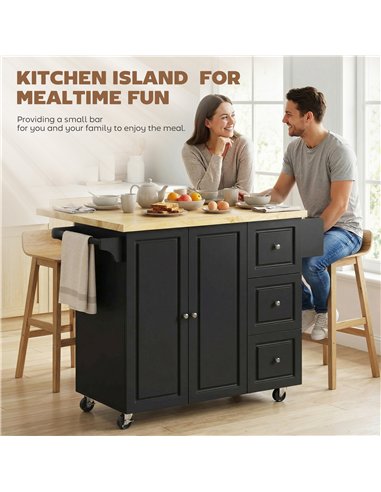 HOMCOM Kitchen Island on Wheels, Rolling Kitchen Storage Trolley with Drop Leaf, Drawers, Towel and Spice Rack, Black