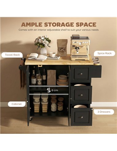 HOMCOM Kitchen Island on Wheels, Rolling Kitchen Storage Trolley with Drop Leaf, Drawers, Towel and Spice Rack, Black