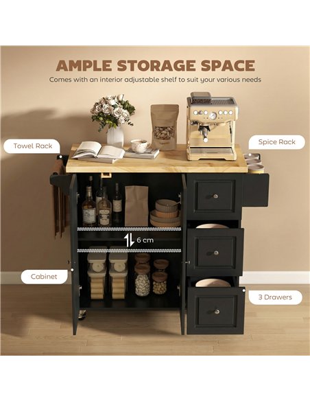 HOMCOM Kitchen Island on Wheels, Rolling Kitchen Storage Trolley with Drop Leaf, Drawers, Towel and Spice Rack, Black - pic 183654 | FastDaddyshop