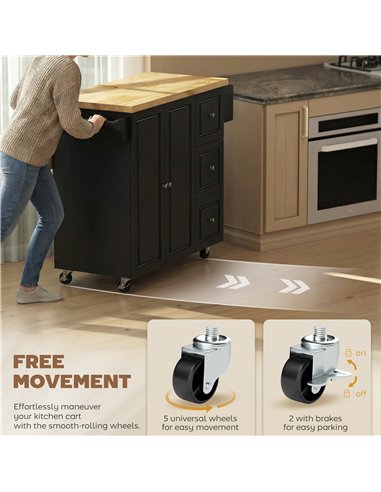 HOMCOM Kitchen Island on Wheels, Rolling Kitchen Storage Trolley with Drop Leaf, Drawers, Towel and Spice Rack, Black