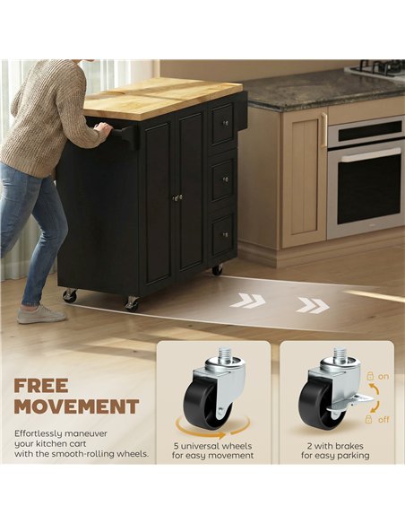 HOMCOM Kitchen Island on Wheels, Rolling Kitchen Storage Trolley with Drop Leaf, Drawers, Towel and Spice Rack, Black - pic 183656 | FastDaddyshop