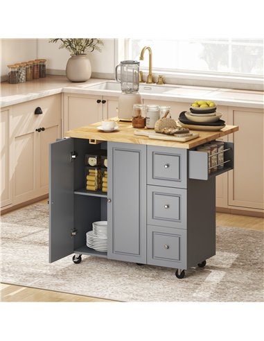 HOMCOM Kitchen Island on Wheels, Rolling Kitchen Storage Trolley with Drop Leaf, Drawers, Towel and Spice Rack, Grey