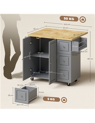 HOMCOM Kitchen Island on Wheels, Rolling Kitchen Storage Trolley with Drop Leaf, Drawers, Towel and Spice Rack, Grey