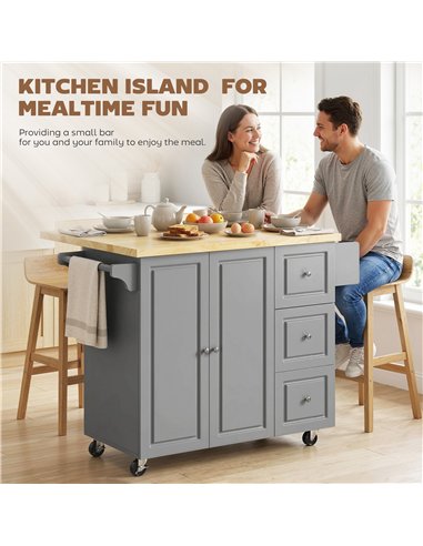 HOMCOM Kitchen Island on Wheels, Rolling Kitchen Storage Trolley with Drop Leaf, Drawers, Towel and Spice Rack, Grey