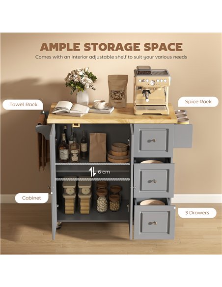 HOMCOM Kitchen Island on Wheels, Rolling Kitchen Storage Trolley with Drop Leaf, Drawers, Towel and Spice Rack, Grey - pic 183663 | FastDaddyshop