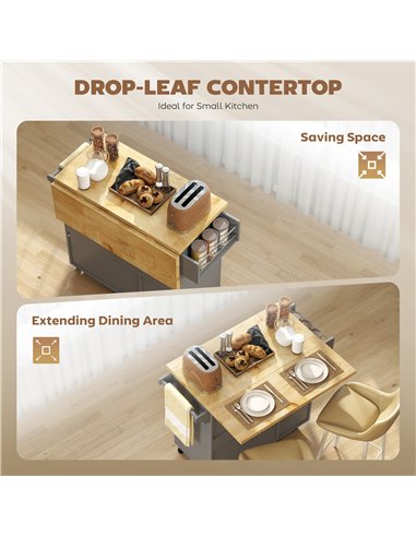 HOMCOM Kitchen Island on Wheels, Rolling Kitchen Storage Trolley with Drop Leaf, Drawers, Towel and Spice Rack, Grey