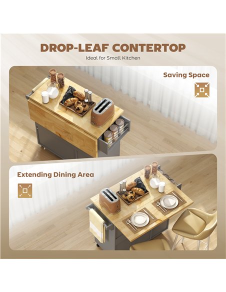 HOMCOM Kitchen Island on Wheels, Rolling Kitchen Storage Trolley with Drop Leaf, Drawers, Towel and Spice Rack, Grey - pic 183664 | FastDaddyshop