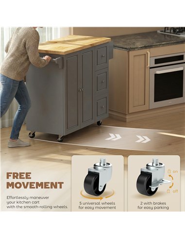 HOMCOM Kitchen Island on Wheels, Rolling Kitchen Storage Trolley with Drop Leaf, Drawers, Towel and Spice Rack, Grey