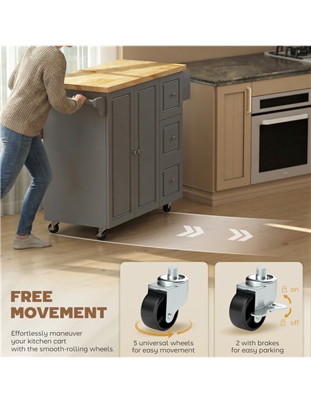 HOMCOM Kitchen Island on Wheels, Rolling Kitchen Storage Trolley with Drop Leaf, Drawers, Towel and Spice Rack, Grey - pic 183665 | FastDaddyshop