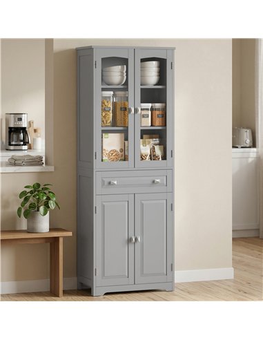 HOMCOM Freestanding Kitchen Cupboard, Storage Cabinet with 2 Adjustable Shelves, Drawer and Glass Door for Living Room, Grey
