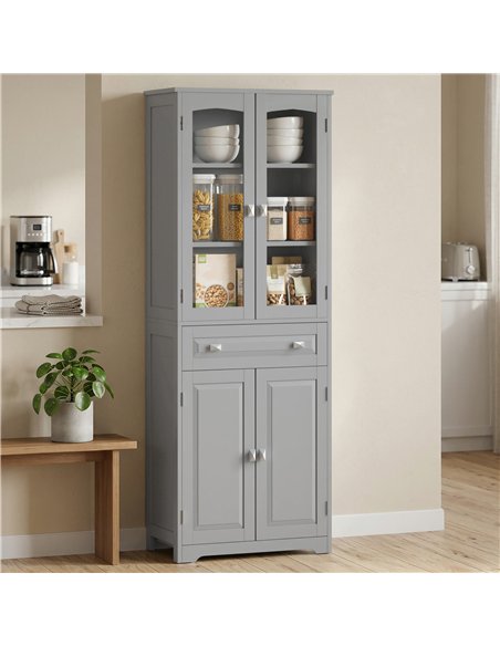 HOMCOM Freestanding Kitchen Cupboard, Storage Cabinet with 2 Adjustable Shelves, Drawer and Glass Door for Living Room, Grey - pic 183687 | FastDaddyshop