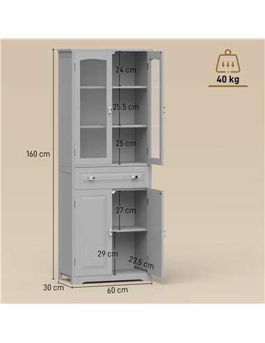 HOMCOM Freestanding Kitchen Cupboard, Storage Cabinet with 2 Adjustable Shelves, Drawer and Glass Door for Living Room, Grey