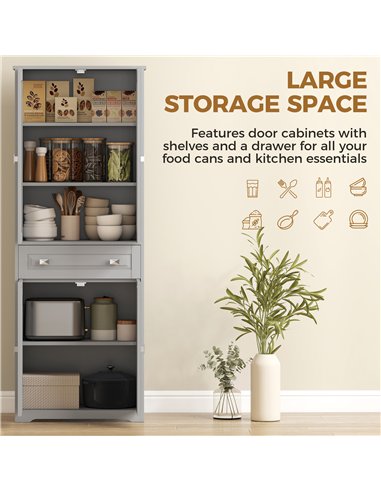 HOMCOM Freestanding Kitchen Cupboard, Storage Cabinet with 2 Adjustable Shelves, Drawer and Glass Door for Living Room, Grey