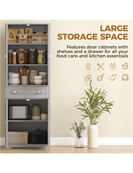 HOMCOM Freestanding Kitchen Cupboard, Storage Cabinet with 2 Adjustable Shelves, Drawer and Glass Door for Living Room, Grey - pic 183689 | FastDaddyshop