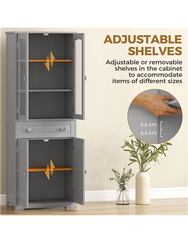 HOMCOM Freestanding Kitchen Cupboard, Storage Cabinet with 2 Adjustable Shelves, Drawer and Glass Door for Living Room, Grey