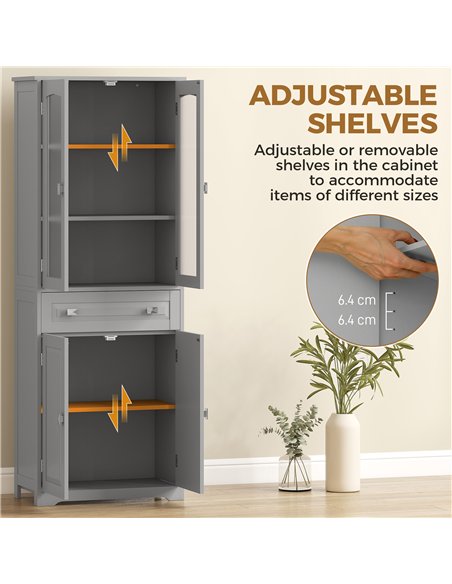 HOMCOM Freestanding Kitchen Cupboard, Storage Cabinet with 2 Adjustable Shelves, Drawer and Glass Door for Living Room, Grey - pic 183690 | FastDaddyshop