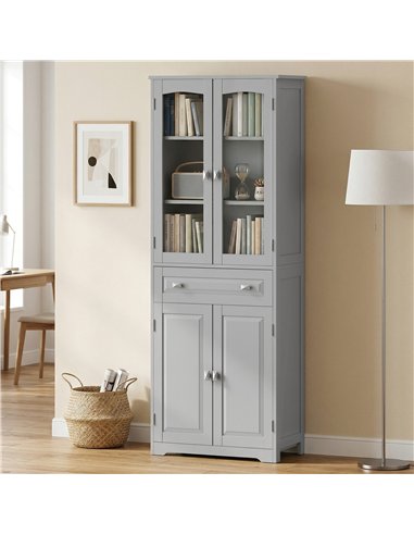 HOMCOM Freestanding Kitchen Cupboard, Storage Cabinet with 2 Adjustable Shelves, Drawer and Glass Door for Living Room, Grey