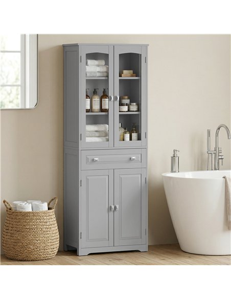 HOMCOM Freestanding Kitchen Cupboard, Storage Cabinet with 2 Adjustable Shelves, Drawer and Glass Door for Living Room, Grey - pic 183693 | FastDaddyshop