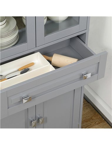 HOMCOM Freestanding Kitchen Cupboard, Storage Cabinet with 2 Adjustable Shelves, Drawer and Glass Door for Living Room, Grey