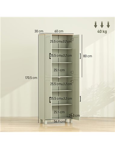 HOMCOM Freestanding Kitchen Cupboard, 4-Door Storage Cabinet with Adjustable Shelves, Modern Kitchen Pantry, 170cm, Green