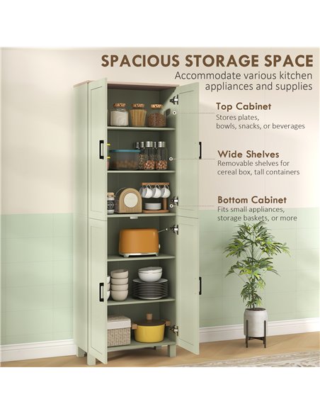 HOMCOM Freestanding Kitchen Cupboard, 4-Door Storage Cabinet with Adjustable Shelves, Modern Kitchen Pantry, 170cm, Green - pic 183743 | FastDaddyshop