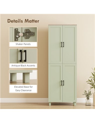 HOMCOM Freestanding Kitchen Cupboard, 4-Door Storage Cabinet with Adjustable Shelves, Modern Kitchen Pantry, 170cm, Green