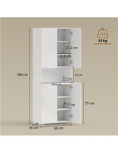 HOMCOM 180 cm Tall Kitchen Cupboard, Pantry Storage Cabinet with Soft Close Doors and Adjustable Shelves, High Gloss White