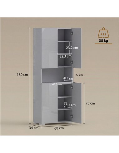 HOMCOM 180 cm Tall Kitchen Cupboard, Pantry Storage Cabinet with Soft Close Doors and Adjustable Shelves, High Gloss Grey