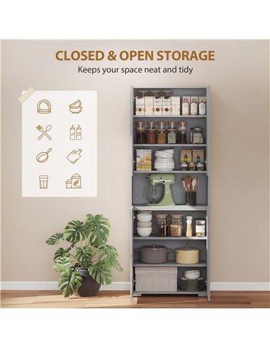 HOMCOM 180 cm Tall Kitchen Cupboard, Pantry Storage Cabinet with Soft Close Doors and Adjustable Shelves, High Gloss Grey