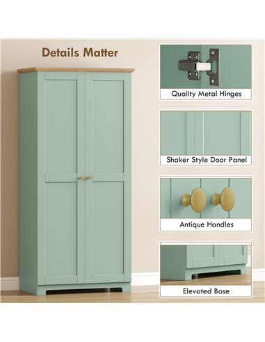 HOMCOM Kitchen Cupboard, 172cm Freestanding Storage Cabinet with Doors and Shelves, Light Green