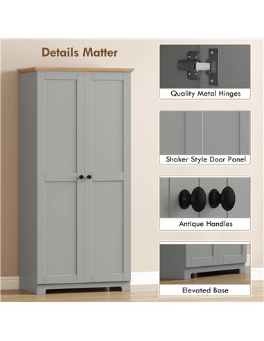 HOMCOM Kitchen Cupboard, 172cm Freestanding Storage Cabinet with Doors and Shelves, Grey