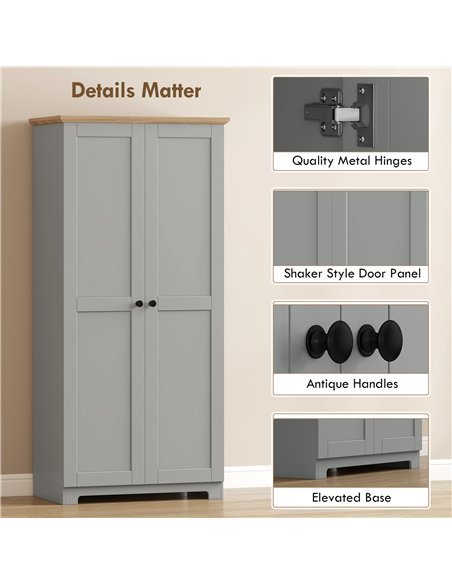 HOMCOM Kitchen Cupboard, 172cm Freestanding Storage Cabinet with Doors and Shelves, Grey - pic 183781 | FastDaddyshop