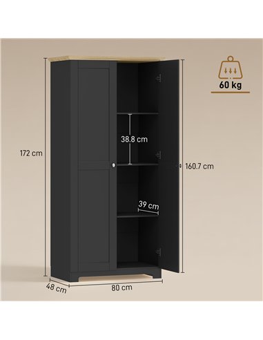 HOMCOM Kitchen Cupboard, 172cm Freestanding Storage Cabinet with Doors and Shelves, Black