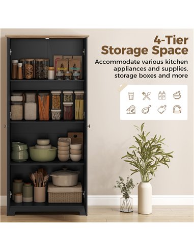 HOMCOM Kitchen Cupboard, 172cm Freestanding Storage Cabinet with Doors and Shelves, Black