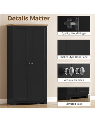 HOMCOM Kitchen Cupboard, 172cm Freestanding Storage Cabinet with Doors and Shelves, Black