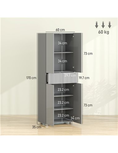 HOMCOM Storage Cabinet, Kitchen Cupboard with 3 Adjustable Shelves, 60L x 35W x 170H cm, High Gloss Grey