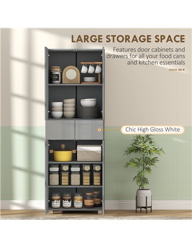 HOMCOM Storage Cabinet, Kitchen Cupboard with 3 Adjustable Shelves, 60L x 35W x 170H cm, High Gloss Grey