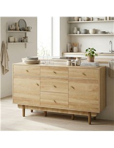 HOMCOM Sideboard with 5 Drawers and 2 Cabinets Buffet Cabinet with Solid Wood Legs 136 cm Walnut 2