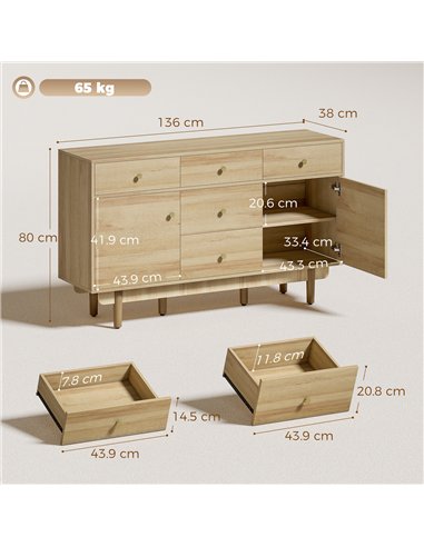 HOMCOM Sideboard with 5 Drawers and 2 Cabinets Buffet Cabinet with Solid Wood Legs 136 cm Walnut