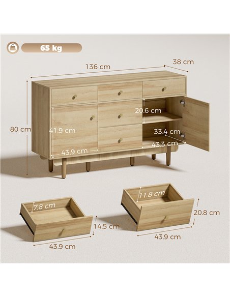 HOMCOM Sideboard with 5 Drawers and 2 Cabinets Buffet Cabinet with Solid Wood Legs 136 cm Walnut - pic 183805 | FastDaddyshop