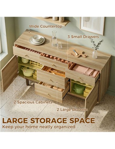 HOMCOM Sideboard with 5 Drawers and 2 Cabinets Buffet Cabinet with Solid Wood Legs 136 cm Walnut