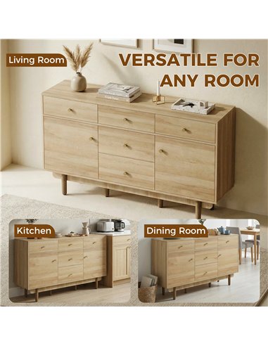 HOMCOM Sideboard with 5 Drawers and 2 Cabinets Buffet Cabinet with Solid Wood Legs 136 cm Walnut
