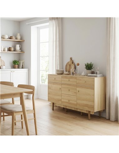 HOMCOM Sideboard with 5 Drawers and 2 Cabinets Buffet Cabinet with Solid Wood Legs 136 cm Walnut