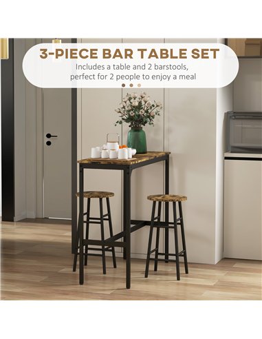 HOMCOM 3 Piece Bar Table Set with 2 Stools, Industrial Bar Table and Stool Set, Dining Table and Chair Set, Rustic Brown