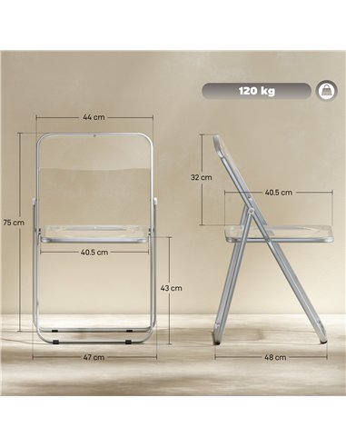 HOMCOM Foldable Chairs, Folding Chairs with Transparent Seat and Backrest, Heavy Duty Steel Frame, 47W x 48D x 75H cm, Clear