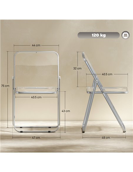 HOMCOM Foldable Chairs, Folding Chairs with Transparent Seat and Backrest, Heavy Duty Steel Frame, 47W x 48D x 75H cm, Clear - pic 183904 | FastDaddyshop