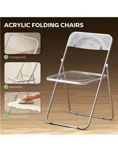 HOMCOM Foldable Chairs, Folding Chairs with Transparent Seat and Backrest, Heavy Duty Steel Frame, 47W x 48D x 75H cm, Clear