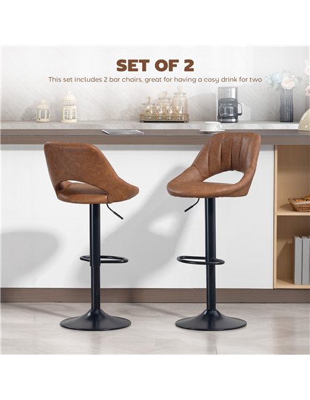 HOMCOM Bar Stools Set of 2, PU Leather Swivel Barstools with Backrest and Footrest for Kitchen, Counter, Breakfast Bar, Brown - pic 183932 | FastDaddyshop